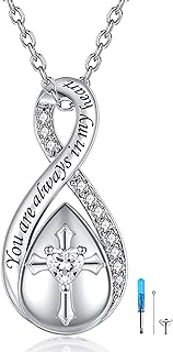 Infinity Cross Cremation Jewelry - S925 Sterling Silver Cross Urn Necklace for Women - Birthstone Cross with Heart CZ Ashes Keepsake Pendant Memorial Urn Jewelry Gift for A Loss Loved Ones
