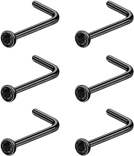 6pcs 20g Nose Studs Black Rose Gold Nose Rings Stainless Steel L Shaped Corkscrew Nose Ring Studs for Women Men Small Cute Nose Rings Stud 3mm Cz Nostril Piercing Jewelry