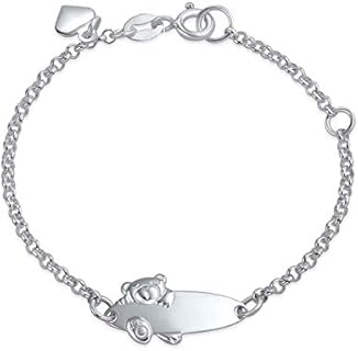 Bling Jewelry Personalized Name Bar Teddy Bear ID Identification Bracelet Women Teen .925 Silver Sterling Small Wrists 5-6 Inch Adjust
