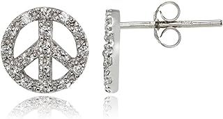 925 Sterling Silver Peace Symbol Stud Earrings with Cubic Zirconia Gems - Push Back for Women and Teen Girls - Dainty and Elegant Design