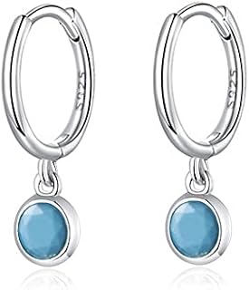 Sterling Silver Small Dangle Hoop Earrings with Cubic Zirconia for Women and Girls, Hypoallergenic and Hinged Hoop Back Finding - Round Design