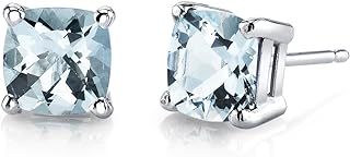 Peora Solid 14K White Gold Aquamarine Stud Earrings for Women, Genuine Gemstone Birthstone, Hypoallergenic 6mm Cushion Cut, AAA Grade, 1.50 Carats total, Friction Back