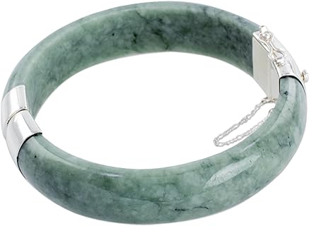 Handcrafted Sterling Silver Jade Bangle Bracelet with Box Tongue Clasp from Guatemala for Gemstone Lovers, 'Verdant Moon in Light Green' Design