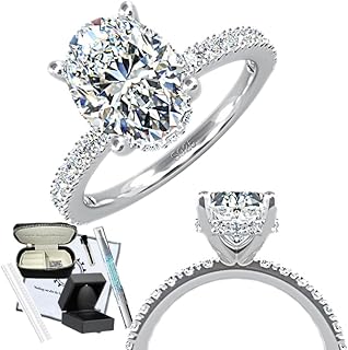 3ct Oval Moissanite Engagement Ring Hidden Halo Side Stones/ 18K White Gold Vermeil/Lab Created Diamond/D Color VVS1 Clarity/GRA Certified & Engraved/Hypoallergenic/Gift Set