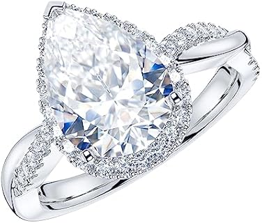 THELANDA Sterling Silver Petite Twisted Vine 3CT Teardrop Pear-Shaped Genuine Moissanite Halo Engagement Ring Promise Ring