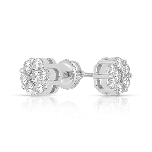 Unisex Sterling Silver .925 Cluster Flower Cubic Zirconia Screw Back Stud Earrings