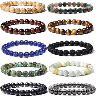 WAINIS 10 Pcs 8mm Stone Semi-Precious Gemstones Beaded Bracelets for Men Women Healing Crystal Stretch Beaded Bracelet Unisex
