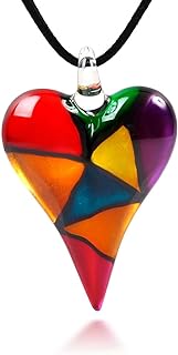 Hand Blown Murano Glass Multi-Colored Mosaic Design Heart Pendant Necklace for Women, Red Yellow Purple Green 18-20 inches