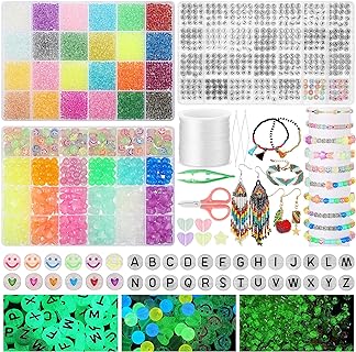 7300 Pcs Glow Beads Bracelet Making Kit Glow in The Dark Beads Bulk Heart Smile Face Letter Beads Glow Seed Bead for Bracelets Jewelry Making Luminous Acrylic UV Beads for Kids Adults DIY
