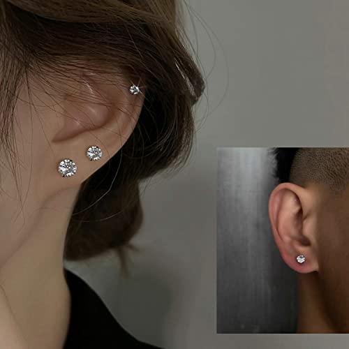 3 Pairs 925 Sterling Silver Cubic Zirconia Stud Earrings Set 3-8mm for Men Women
