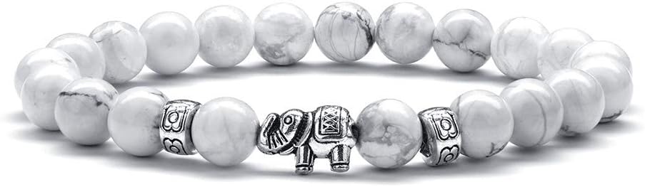 M MOOHAM Gifts for Women Elephant Bracelet, 8mm Natural White Howlite Bracelets for Women Men Stress Relief Yoga Bracelet Bead Bracelets for Women Elephant Gifts for Women Girls