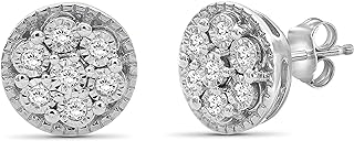 JEWELEXCESS White Diamond Earrings for Women (8.63mm) – 1/10 CTW White Diamond Cluster Earrings – Real Diamond Studs, Hypoallergenic Sterling Silver – Secure Push-Back Diamond Stud Earrings for Women