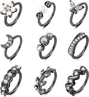 Unisex Opal CZ and Cubic Zirconia Adorned 20G 8MM Black Diamond Nose Ring Set in Black-Plated Copper with Heart, Star, Moon, and Butterfly Designs
