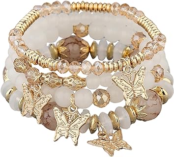 Bohemian Bracelets for Women Girls Gold Beaded Stackable Stretch Bracelet Set Butterfly Elastic Multilayer Colorful Charm Bracelets Summer Beach Jewelry