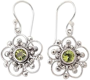 Handcrafted NOVICA Sterling Silver Floral Dangle Earrings with Peridot Stones, French Wire Back Finding, Perfect for Jewelry Enthusiasts, Green Flower Design
