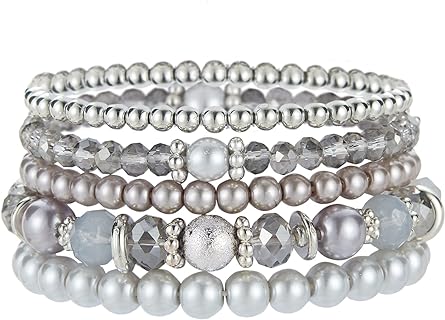 Noessla Beaded Pearl Stretch Bracelet Silver Stackable Crystal Beads Bracelets Trendy Costume Jewelry Mothers Day Gifts for Women