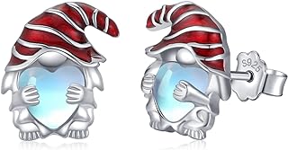 StoryMidir Christmas Earrings 925 Sterling Silver Hypoallergenic Santa Hat Stud Earrings Heart Moonstone Earrings Christmas Jewelry Gifts Holiday Gnome Earrings for Women