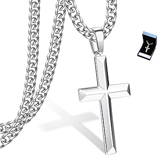 Sterling Silver Men's Cross Pendant Necklace with Curb Link Chain and Lobster Claw Clasp, Perfect gift for Him and Her, Beveled Edge Design