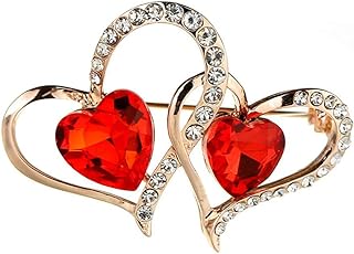 Elegant Ruby Red Rhinestone Love Heart Brooch Pin Shining Crystal Double Heart Lapel Pin Valentine's Day Mothers Gift