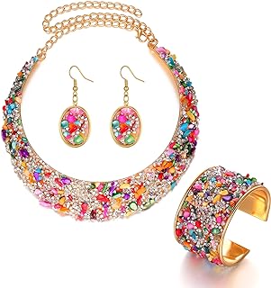 3pcs Colorful Stone Rhinestone Collar Gold Metal Necklace Sets For Women Bib Choker Collars Necklaces Jewelry Accessories