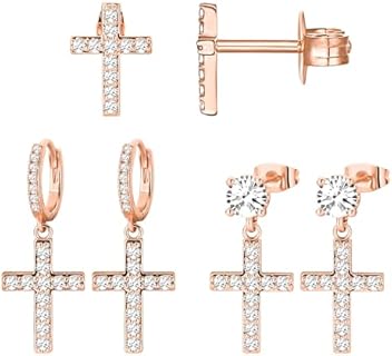 14K Gold Plated Cross Hoop Earrings with Cubic Zirconia and Push Back Design for Both Men and Women, 3 Pairs by NEWITIN, Hypoallergenic