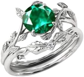 Vine Leaf Design Vintage Emerald Engagement Ring Set 10k Gold Emerald 1.00 CT Art Deco Wedding Ring Set Antique Bridal Anniversary Rings Set For Her
