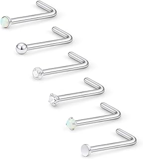 Lcolyoli 22G Stainless Steel Nose Rings L Shaped Bone Screw Stud Piercing Jewelry for Women 1.5mm 2mm 2.5mm 3mm CZ Opal Ball Inlaid