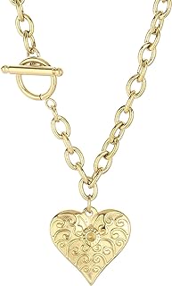 Toggle Clasp Heart Pendant Necklace Stainless Steel Chunky Chain Vintage Style Jewelry