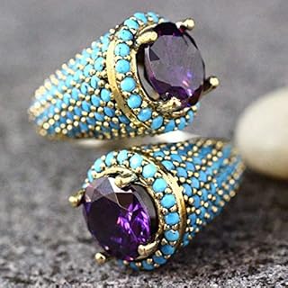 14K Gold Plated Artistic Open Amethyst Ring with Turquoise Accents - Vintage Gothic Design - Women's Size 9