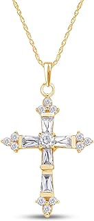 AFFY Baguette Cut White Cubic Zirconia Cross Pendant Necklace in14K Gold Over Sterling Silver