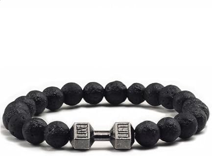 Lava Beads Gym Bracelets for Men - 8mm Lava Rock Bracelet Natural Stone, Men Stretch Bracelet Bead Bracelet for Women- Alloy Dumbbell Bracelet, Beaded Jewelry Elastic Blessings Bracelet