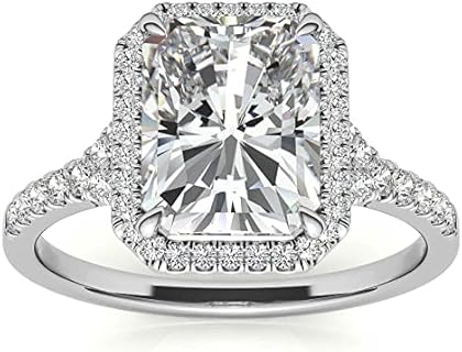 Mois 4 CT Radiant Cut Colorless Moissanite Engagement Ring Wedding/Bridal Ring, Diamond Ring, Anniversary Solitaire Halo Accented Promise Vintage Antique Gold Silver Ring Perfact for Gift