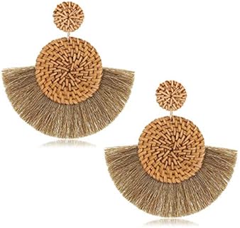 Bohemian Weave Straw Double Disc Drop Earrings with Nickel Push Back for Women, Dangle Design