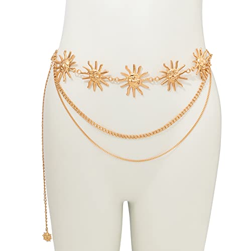 Boho Metal Sun Flower Pendant Waist Chain Belt Summer Beach Sun Body Chain Waistband Sexy Trendy Multilayer Link Belly Chain Belt Bikini Waist Jewelry for Women