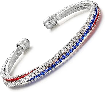 IDesign USA American Flag Bracelet for Women Mens Decorations Gifts Silver Plated Red Blue White Bracelet Patriotic 4th of July Independence Day Gift (rhinestone bracelet)