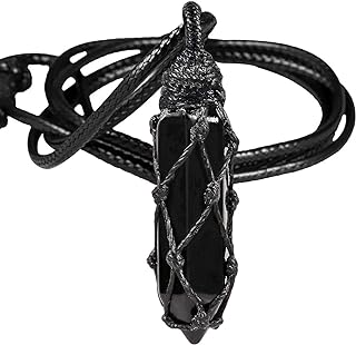 No-Clasp Black Obsidian Crystal Pendant Necklace on Rope Chain for Unisex, Hexagonal/Wand Design