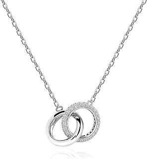 925 Sterling Silver Necklaces for Women Trendy 18K White Gold Plated Cubic Zirconia Crystal Charm Necklace Chains Fashion Dainty Interlocking Circle Pendant Necklace Jewelry for Women Valentine Christmas Gift for Mother Mom Daughter Teens Girl Friend Bridesmaid,18”