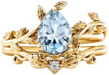 10K 14K 18K Solid Gold Natural Diamond Pear Vintage Gemstone Engagement Ring Set Leaf Art Deco Ring Set Pear Cut Unique Vine Gemstone Bridal Wedding Ring Set 4~12