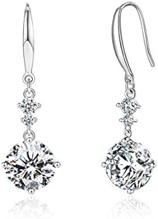 Drop Dangle Earrings 925 Sterling Silver Hook with 9MM 2.75ct CZ and 2pcs Small Cubic Zirconia Design 14K White Gold Plated Hypoallergenic Gorgeous Gift for Women and Girls