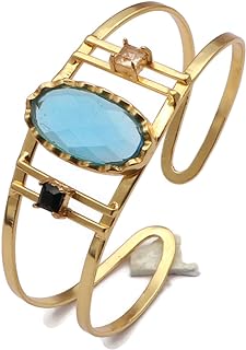 Handcrafted Indian Gold-Plated Brass Bangle with Adjustable Chain Featuring Oval-Shaped Blue Topaz Hydro Gemstone