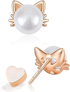 PANSTAR Cat Pearl Earrings For Women Hypoallergenic Sterling Silver Posts Small Dainty Studs Earrings | Cat Memorial Gifts Cat Gifts for Cat Lovers | Come with Gift Box