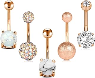 JFORYOU Belly Button Rings Stainless Steel 14G CZ Opal Navel Rings Barbells Women Girls Belly Piercing Jewelry