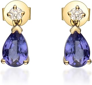 Gin & Grace 14K Yellow Gold Natural Diamond (I1,I2) Stud Earring for Women with Pear Cut Genuine Tanzanite