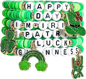 Fuqimanman2020 St. Patrick's Day Bracelets Set Shamrock Surfer Heishi Beaded Stretch Layering Friendship Irish Stackable Adjustable for Women Girls Festival Party Jewelry