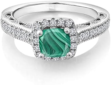 Gem Stone King 925 Sterling Silver Green Malachite and White Created Sapphire Ring For Women (2.08 Cttw, Cushion 6MM, Gemstone Birthstone, Available In Size 5, 6, 7, 8, 9)