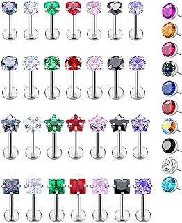 38Pcs Threadless Push in Lip Rings Nose Rings Studs Labret Monroe Medusa Piercing Jewelry Cartilage Tragus Helix Studs Earrings Piercing for Women Men Heart Round Star Square Shapes CZ Surgical Stainless Steel Multiple Body Piercing 18G 20G