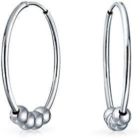 Balinese Tribal Ball Bead .925 Sterling Silver Hoop Earrings with Endless Back Finding for Women - Elegant Continuous Cartilage Bohemian Design (1.5-inch Diameter)