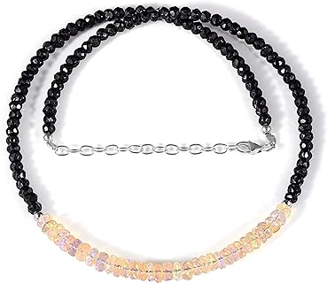 Necklace Ethiopian Fire Opal Beads & Spinel Beads Necklace, Natural Opal Beads Necklace And Black Spinel Beaded Necklace