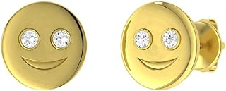 Diamond-Embellished Smiley Face Stud Earrings in 14K Yellow Gold for Women with Push Back Design