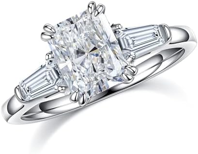 Platinum Plated Radiant Cut Moissanite Engagement Ring with 14K White Gold Vermeil - Three Stone Design for Women - Perfect gift for Mom or Wife